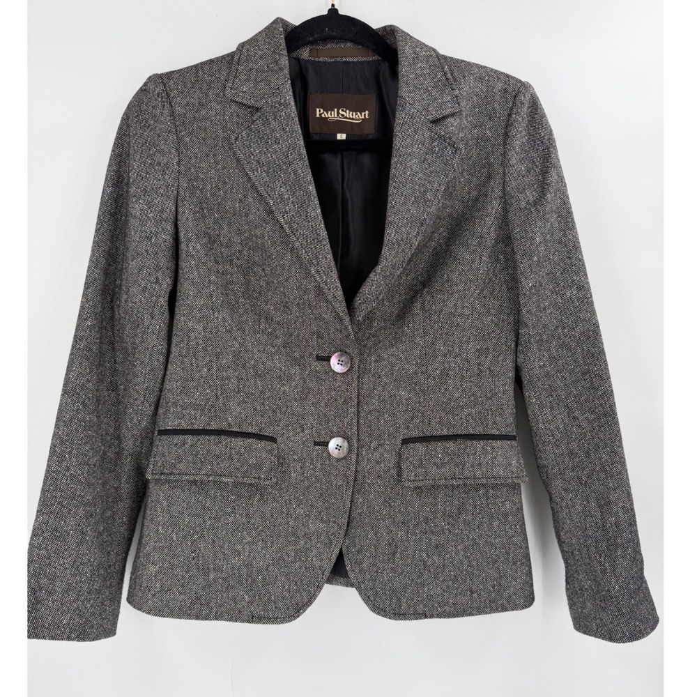 Paul Stuart Blazer Womens Size 6 Grey Tweed Textured Jacket Dark Academia Preppy